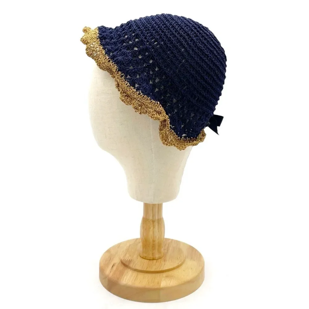 Vintage 1930s Navy Crochet Cloche Hat Gold Lace Trim Ribbon Bow Women’s One Size - Picture 3 of 14